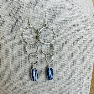 Artisan Porcelain Blue White Multi Hoops Drop Pierced Earrings 3” NEW